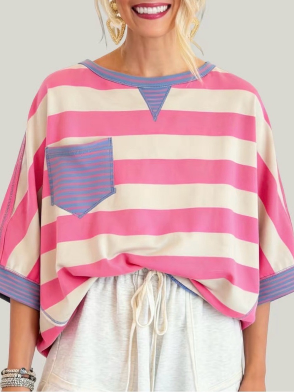 NWOT Pink and Cream Striped Top with Blue Trim SIZE XXL